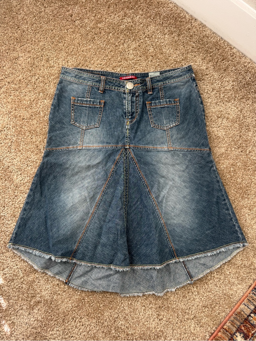 Vintage Y2K Unionbay Denim Midi Skirt Contrast Stitch Raw Hem Patchwork A-Line